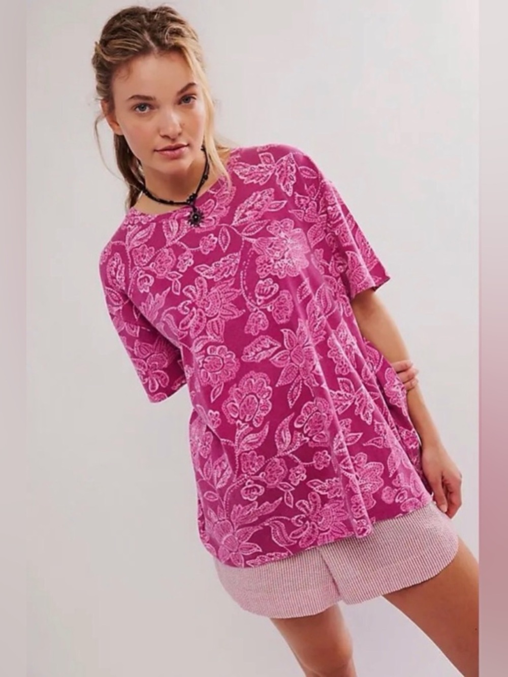 We The Free People NWOT Nina Printed Tee Shirt in Magenta Pink White Combo Sz XS